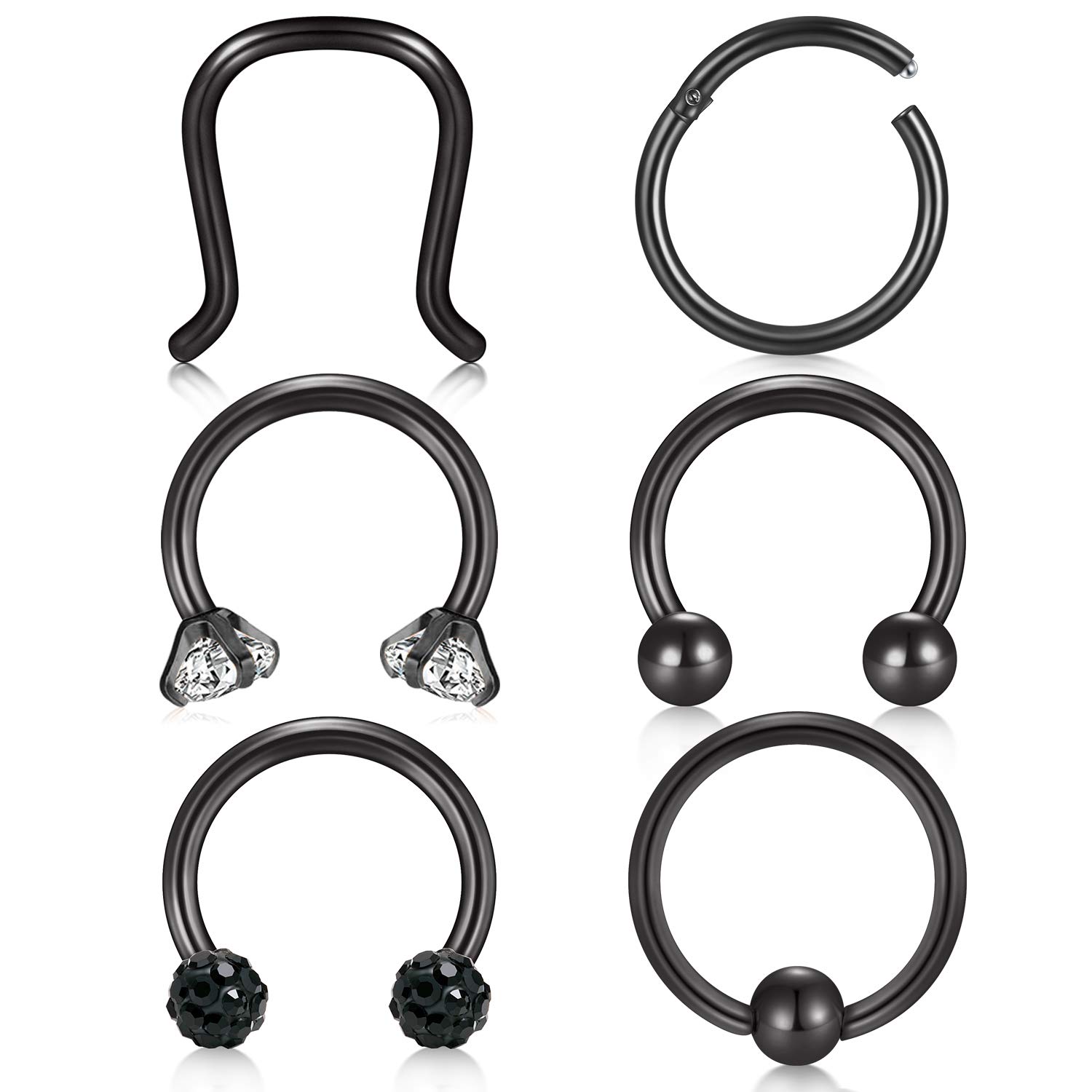 LAURITAMI 16G 6PCS Stainless Steel Septum Rings Piercing Nose Cartilage Tragus Helix Hoops Rings Retainer Body Piercing Jewellery 10MM
