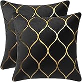 DEZENE 18x18 Inch Gold Velvet Throw Pillow Covers: 2 Pack Square Decorative Pillow Cases for Bedroom Sofa Couch Living Room, Black
