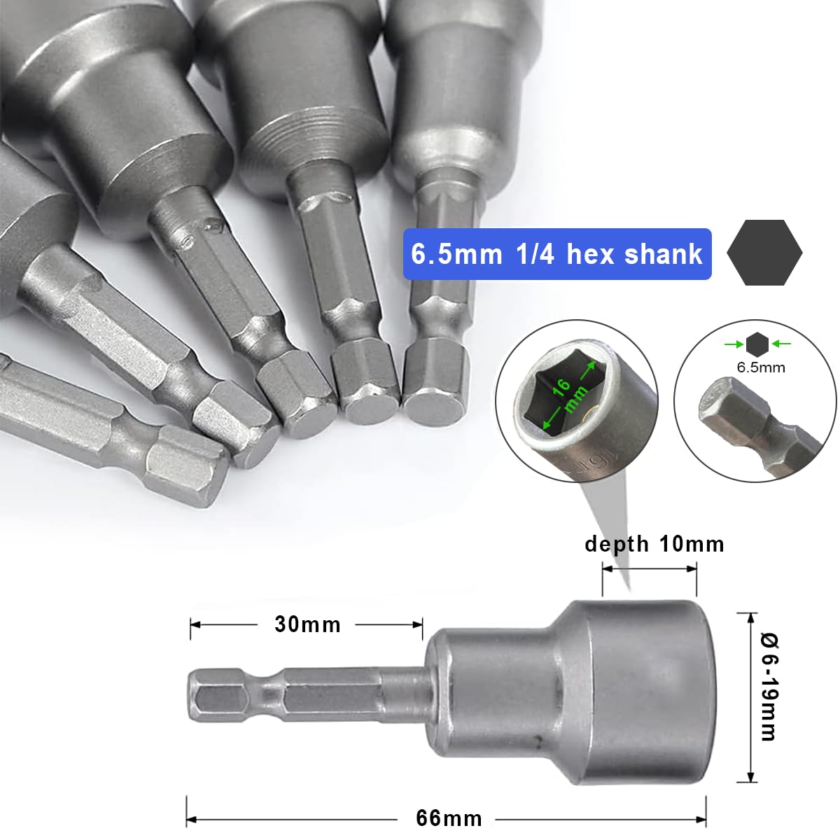 14er Set Magnete Sechskant Stecknuss, 6-19mm Steckschlüssel Magnetisch Sechskant Stecknuss Adapter, Anschrauben Schraubenschlüssel für Bohrer 2