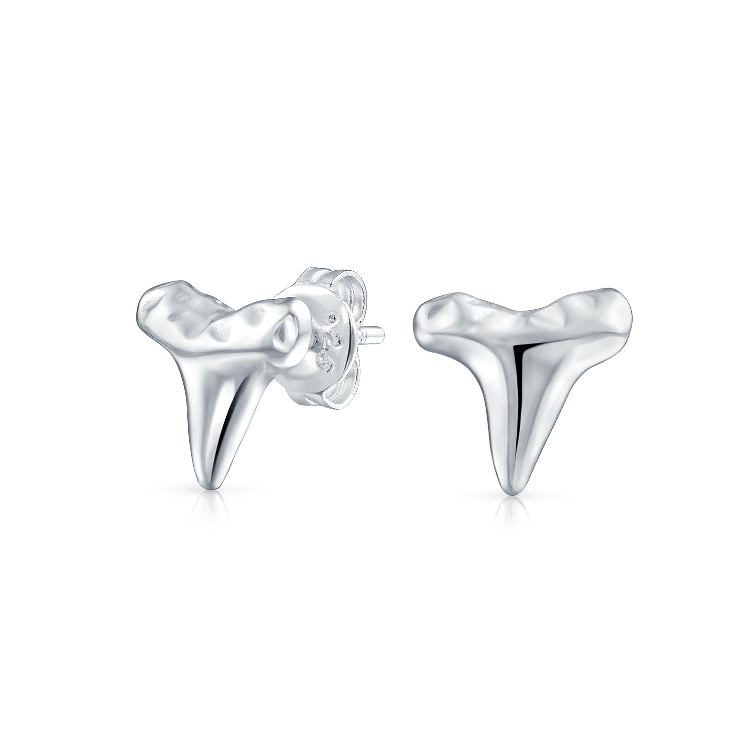 Small Tiny Ocean Nautical Animal Hawaiian Shark Tooth Stud Earrings For Women Teen Hammered Texture .925 Sterling Silver Vacation Jewelry