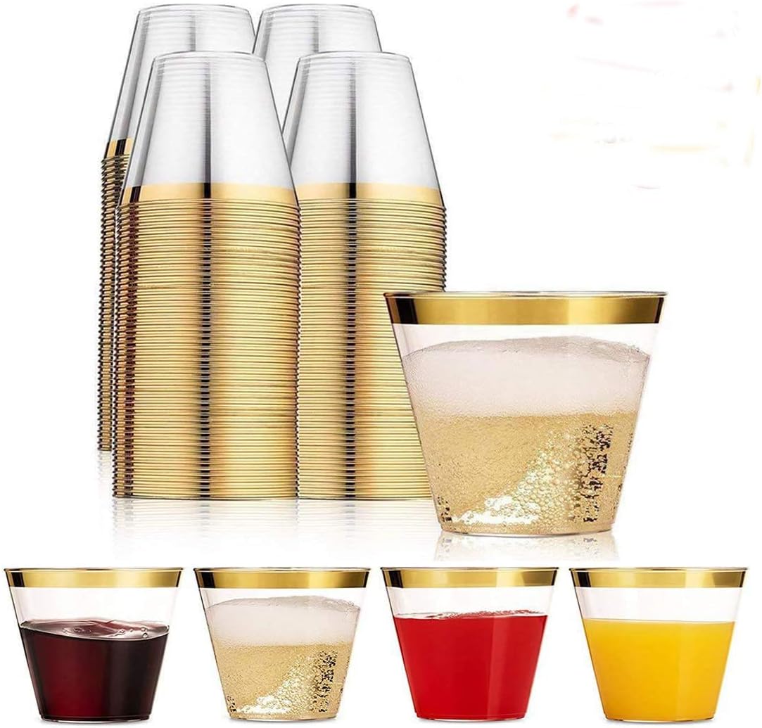 Funhoo 9oz. Gold Plastic Clear Cups, Disposable Party Cups with Gold Rim, for Party and Wedding Occasions, Elegant Old Fashioned Tumblers (100 pcs)
