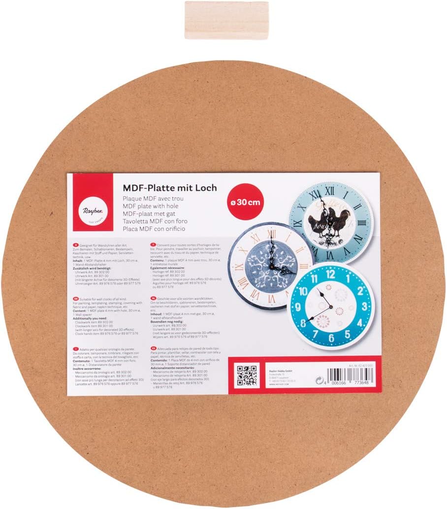 Rayher Round DIY Clock Face to Decorate, MDF Board for DIY Clock with a Diameter of 30cm, brown, 62423000