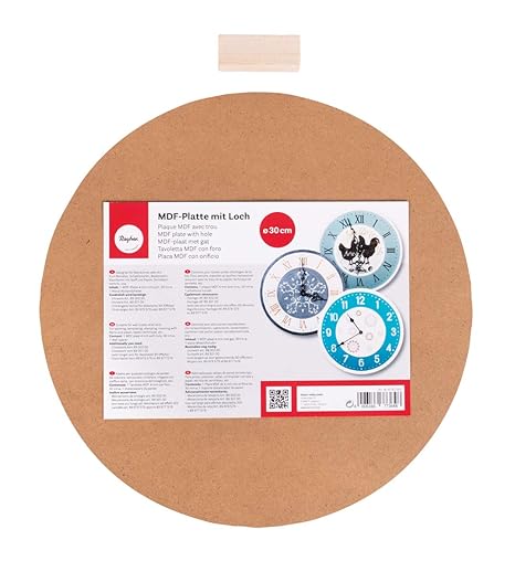RAYHER 62423000 MDF Platte mit Loch Durchmesser 1,1 cm, 30 cm Durchmesser, 2-teilig für Uhrwerk Art 89 301 00