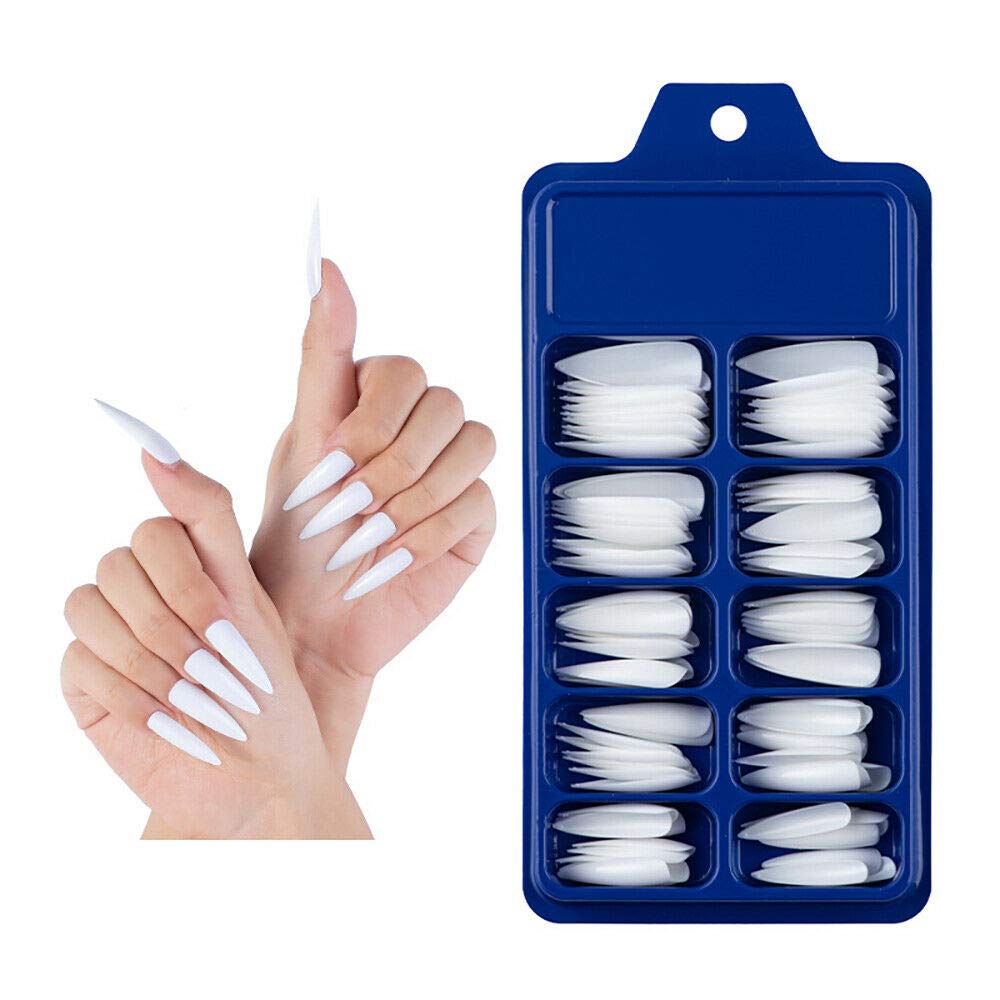 Amni 100 x Natural Look False Nail Tips 10 Sizes Matte Full Cover Long Stiletto/Pointy Fake Nails Art Manicure UK (WHITE POINTY NAILS)
