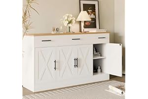 SUNLEI Buffet Cabinet with Storage, Farmhouse Storage Cabinet with 4 Doors and 3 Drawers, Coffee Bar Station Wood Buffet Table with Adjustable Shelf for Living Room, White