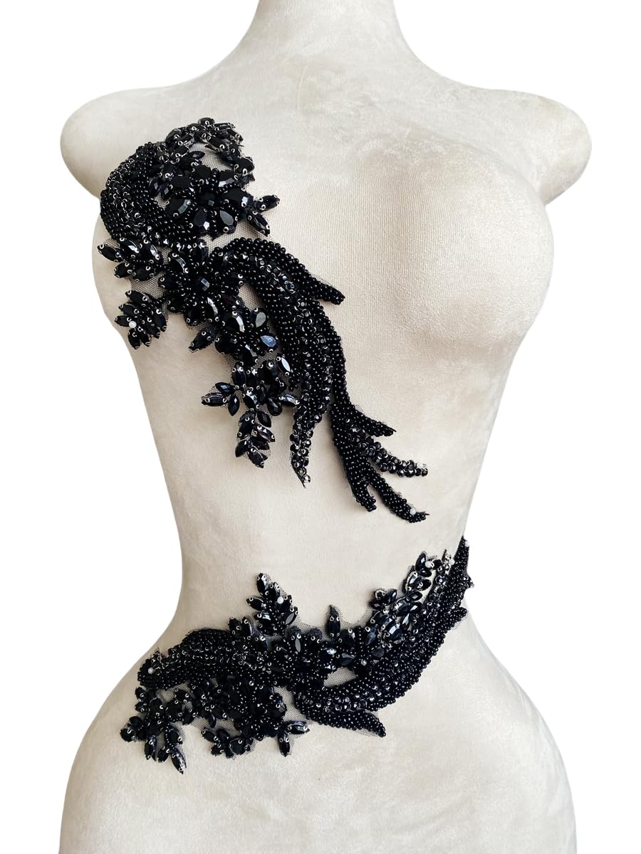 Photo 1 of 1 Pair Handmade Beaded Crystal Patches Bodice Lace DIY Applique Patches Accessory for Dress Clothes 35X12cm (Black)