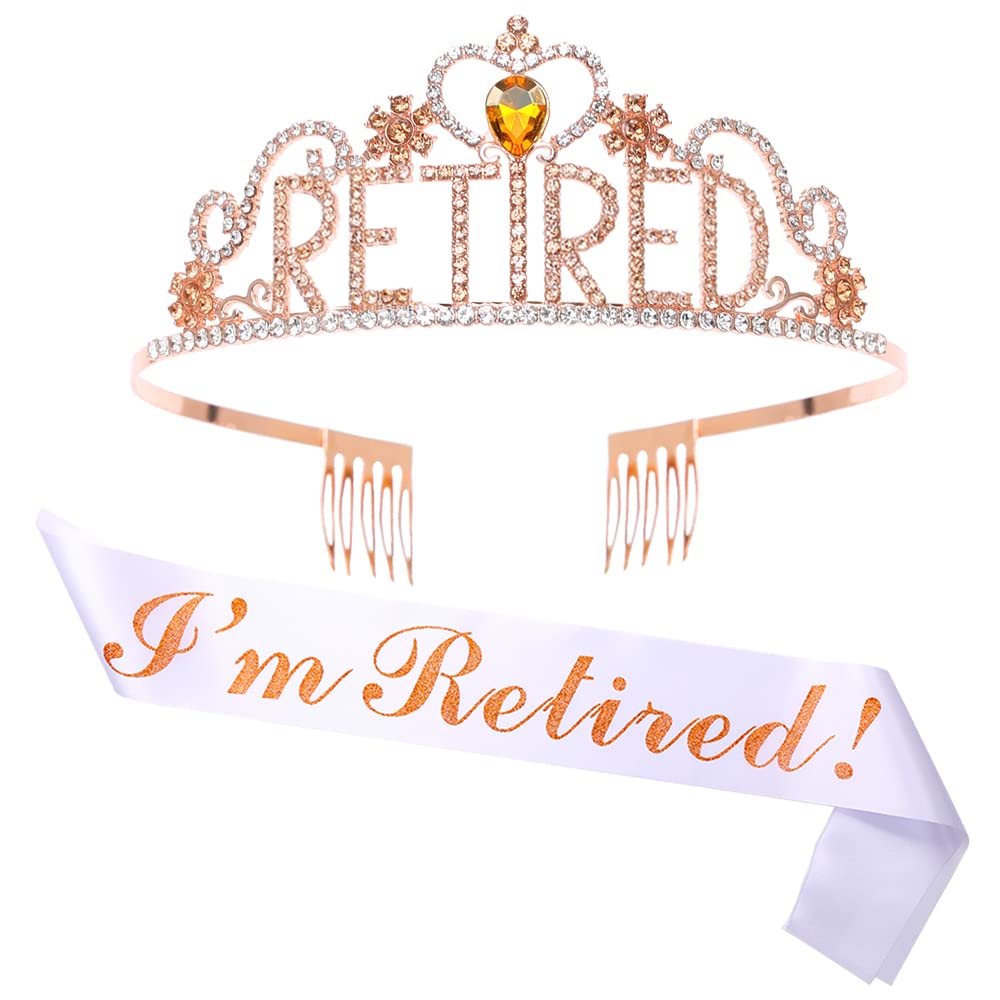 GotGala Retirement Tiara and Sash Set - I'm Retired White & Rose Gold Glittery Stain Sash Crystal Crown Retirement Gift for Women Retirement Party Decorations
