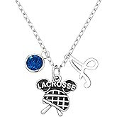 Personalized Necklace with Initial and Birthstone Charm – Silver Plated Lacrosse Stick Pendant Jewelry – Adjustable Chain, Gift Pouch – Gift for Lacrosse Players, Lax Team, Coaches
