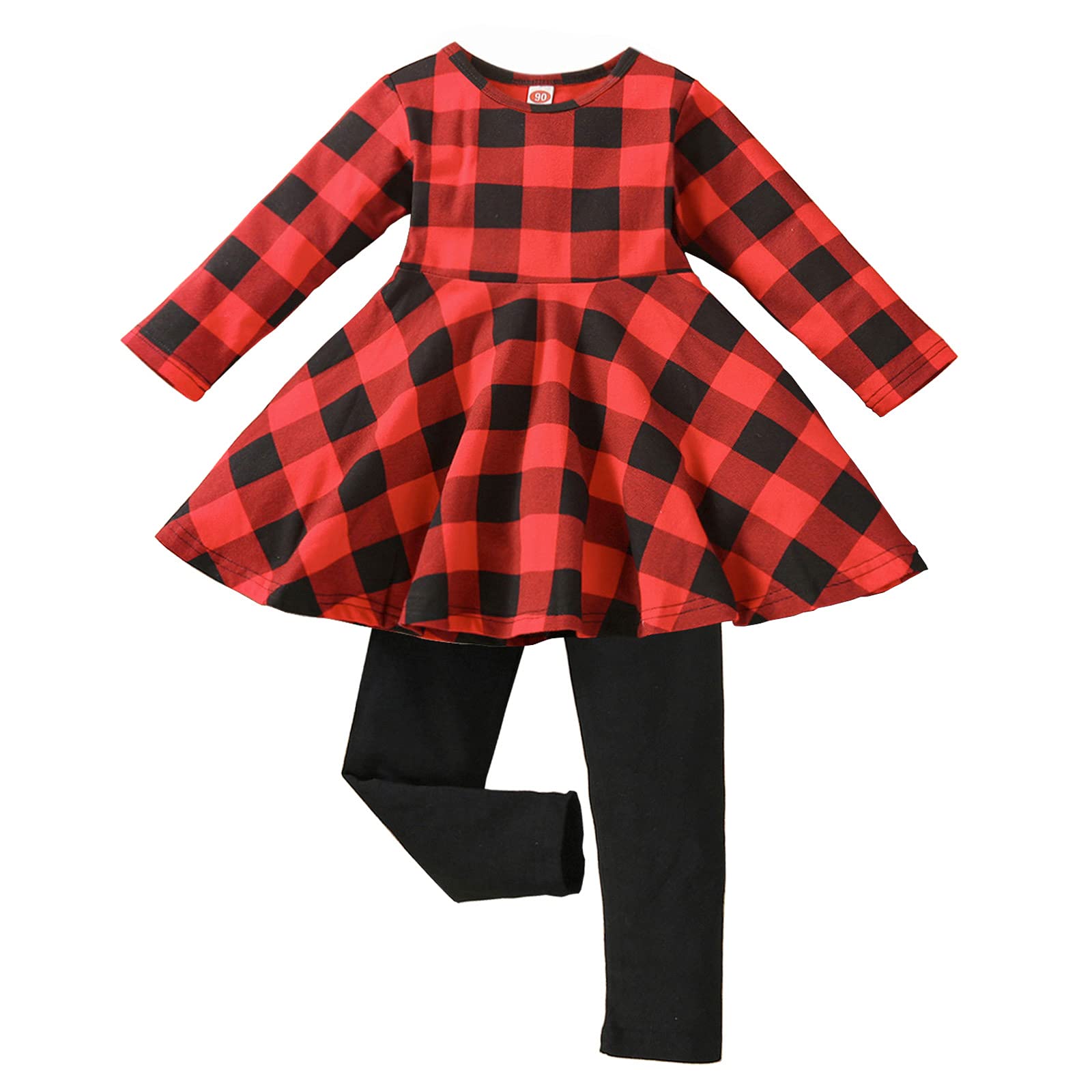 Photo 1 of Aimaopao Toddler Baby Girls Christmas Clothes Set Buffalo Plaid Tunic Tops Pants Xmas Outfits Clothing Red Black Plaid 5T