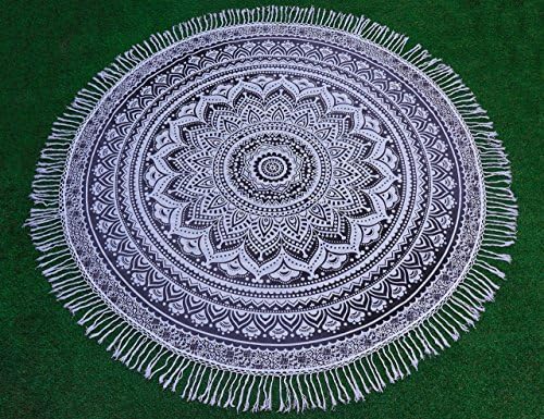Round Mandala Indian Tapestry Beach Throw Black Lotus Flower Towel Picnic Blanket Yoga 72 inches