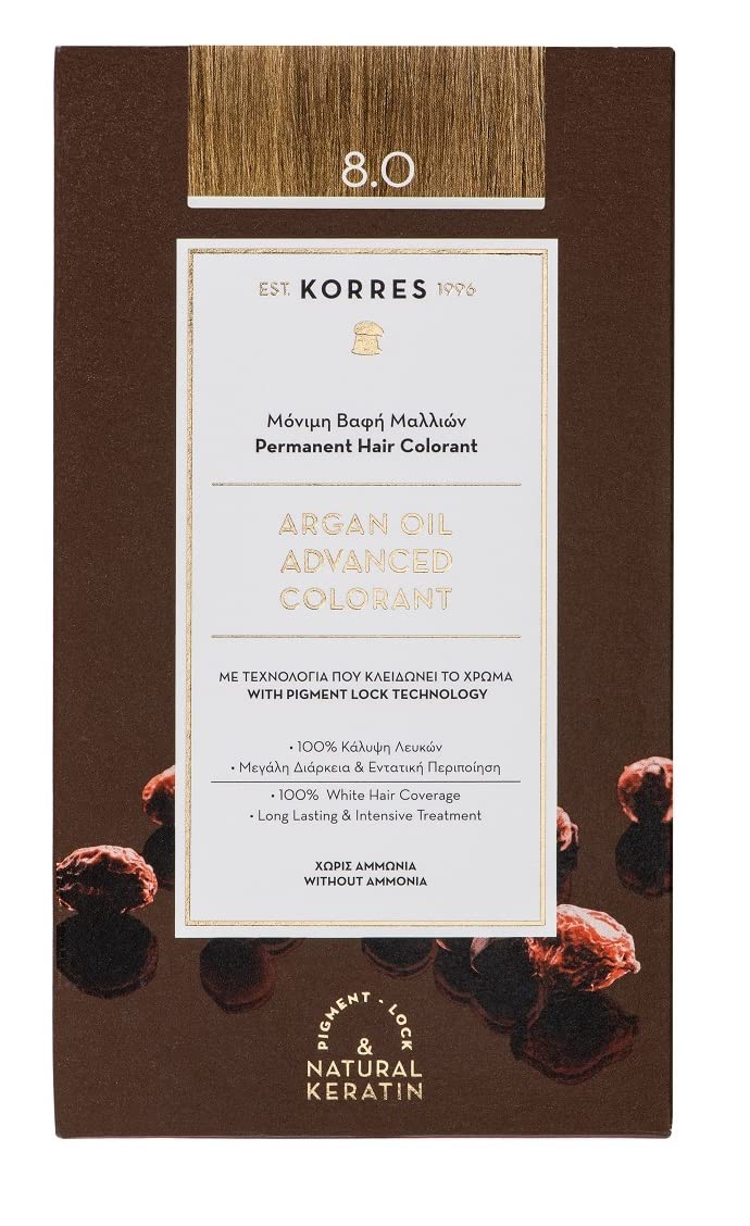 KORRES Argan Oil Colorant - ammonia-free hair colour, light blonde, 8.0-100% grey hair coverage and vegan for a long-lasting result