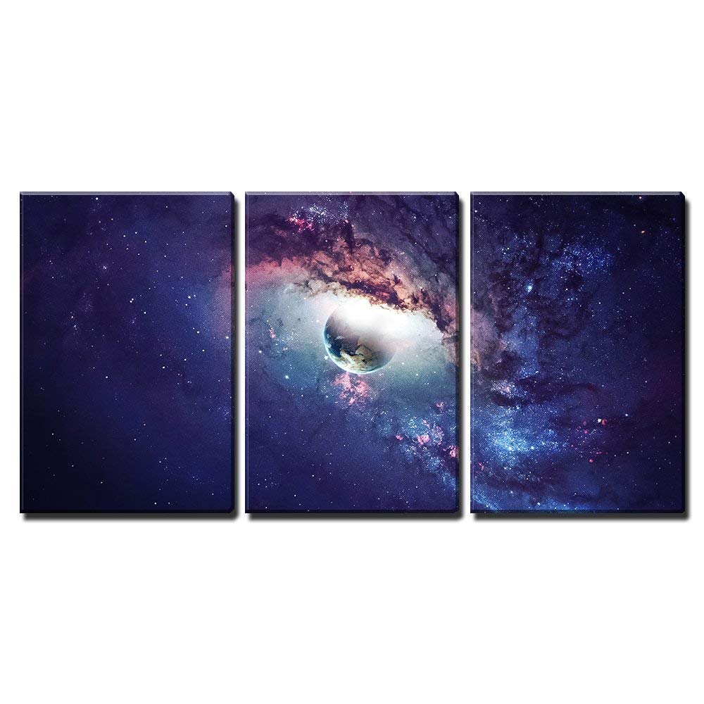3 Piece Canvas Wall Art - Universe Scene with Planets, Stars and Galaxies in Outer Space - Modern Home Art Stretched and Framed Ready to Hang - 24