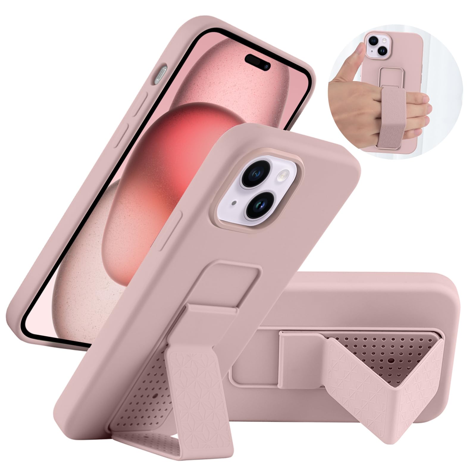 LAUDTEC Silicone Kickstand Case Compatible with iPhone 15, Vertical and Horizontal Stand Hand Strap Metal Kickstand Cover, Flexible Soft Liquid Silicone Stand Case for iPhone 15 (Pink)