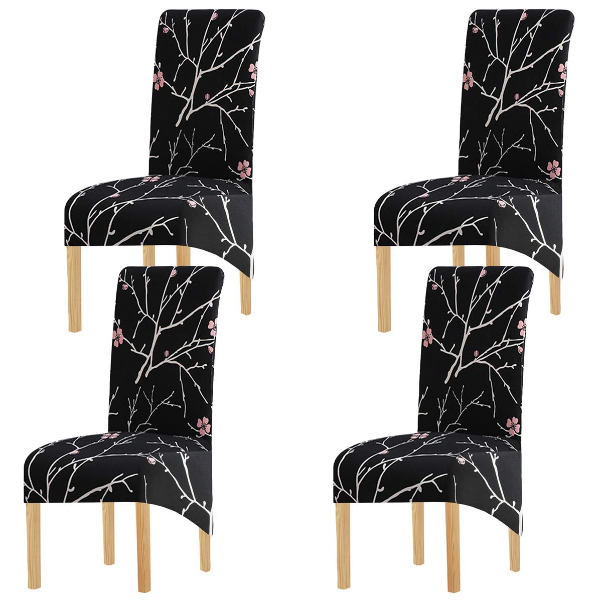 KELUINA Printing Fabric Stretch XL Chair Covers for Dining Chairs, 2/4/6 Pcs Elastic Large Chair Slipcover for Dining Room Wedding Banquet Party Decoration (Black-2,4 Pack)