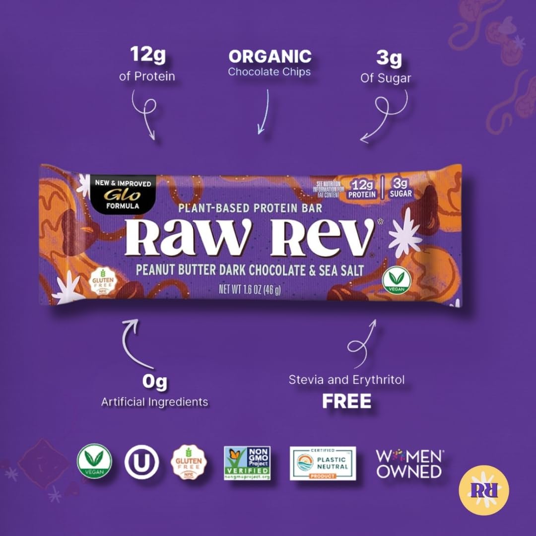 Raw Rev Vegan Protein Bars- Peanut Butter Dark Chocolate & Sea Salt, 12 bars, Non-GMO, Plastic-Neutral, Nothing Artificial, Glo Formula, Gluten-Free, Keto-Friendly, Paleo, Kosher, No Sugar Alcohols, No Stevia