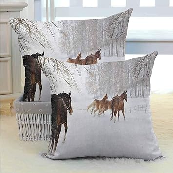 Amazon Com Winter Square Cushion Case Horses In The Snow Playing