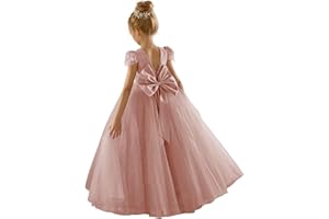 JISISANG Flower Girls Lace Cap Sleeve Dress for Wedding Puffy Tulle Back V-Neck Pageant Prom Ball Gown with Bow