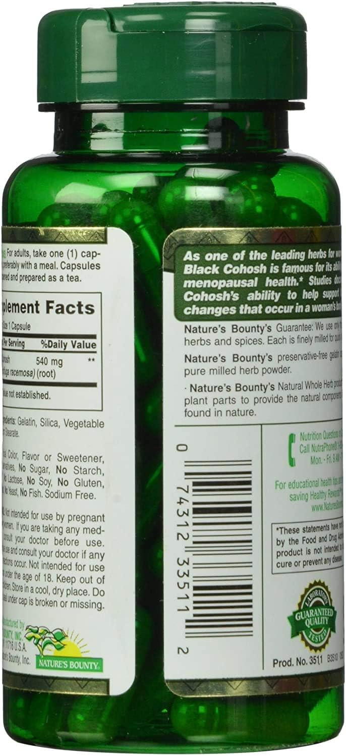 Nature's Bounty Black Cohosh Root Pills and Herbal Health Supplement, Natural Menopausal Support, 540 mg, 100 Capsules: Health & Personal Care