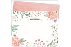 Koko Paper Co Pink Floral Thank You Cards | 25 Flat Note Cards and Envelopes | Printed on Heavy Card Stock.