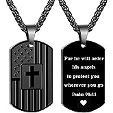 Dog Tag Christian Necklace for Men, Bible Verse American Flag Cross Necklace for Birthday Christmas First Communion Baptism Gifts