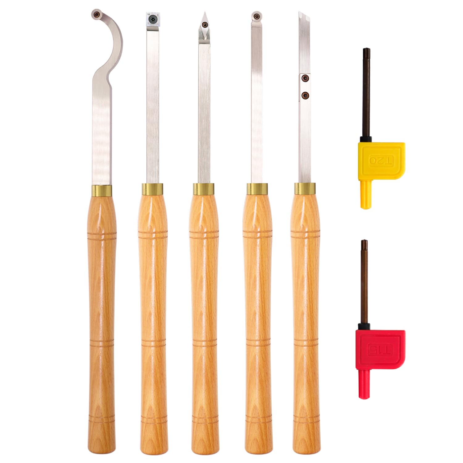 AT05 Carbide Tipped Wood Turning tools Lathe set Rougher Detailer Finisher Swan Neck Hollower Parting Tool with Solid Wood Handle and Diamond Round Square Carbide Inserts 5pcs