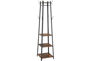 VASAGLE Coat Rack, Coat Stand with 3 Shelves, Hall Tree Free Standing with Hooks for Scarves, Bags, Umbrellas, Steel Frame, I