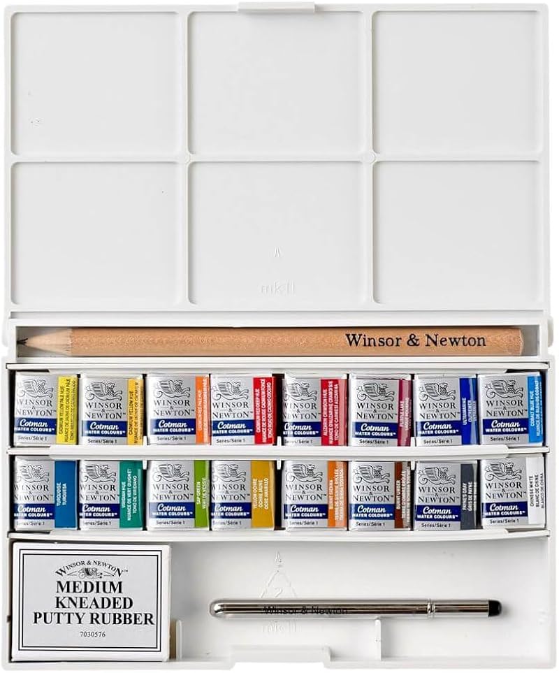 Winsor & Newton Cotman Complete Pocket Set 16 Half Pans Travel Brush