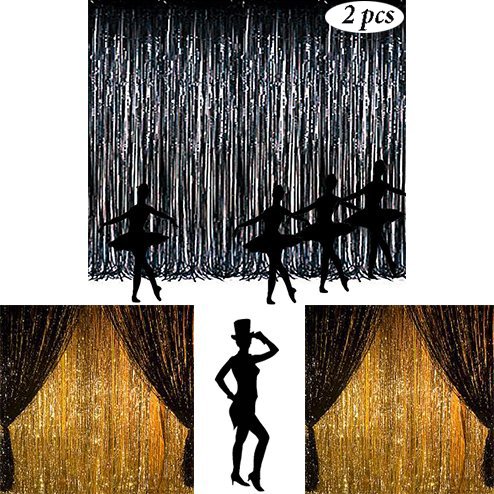 Adorox (2 pc Metallic Black) Metallic Silver Gold Rainbow Foil Fringe Curtains Party Wedding Event Decoration