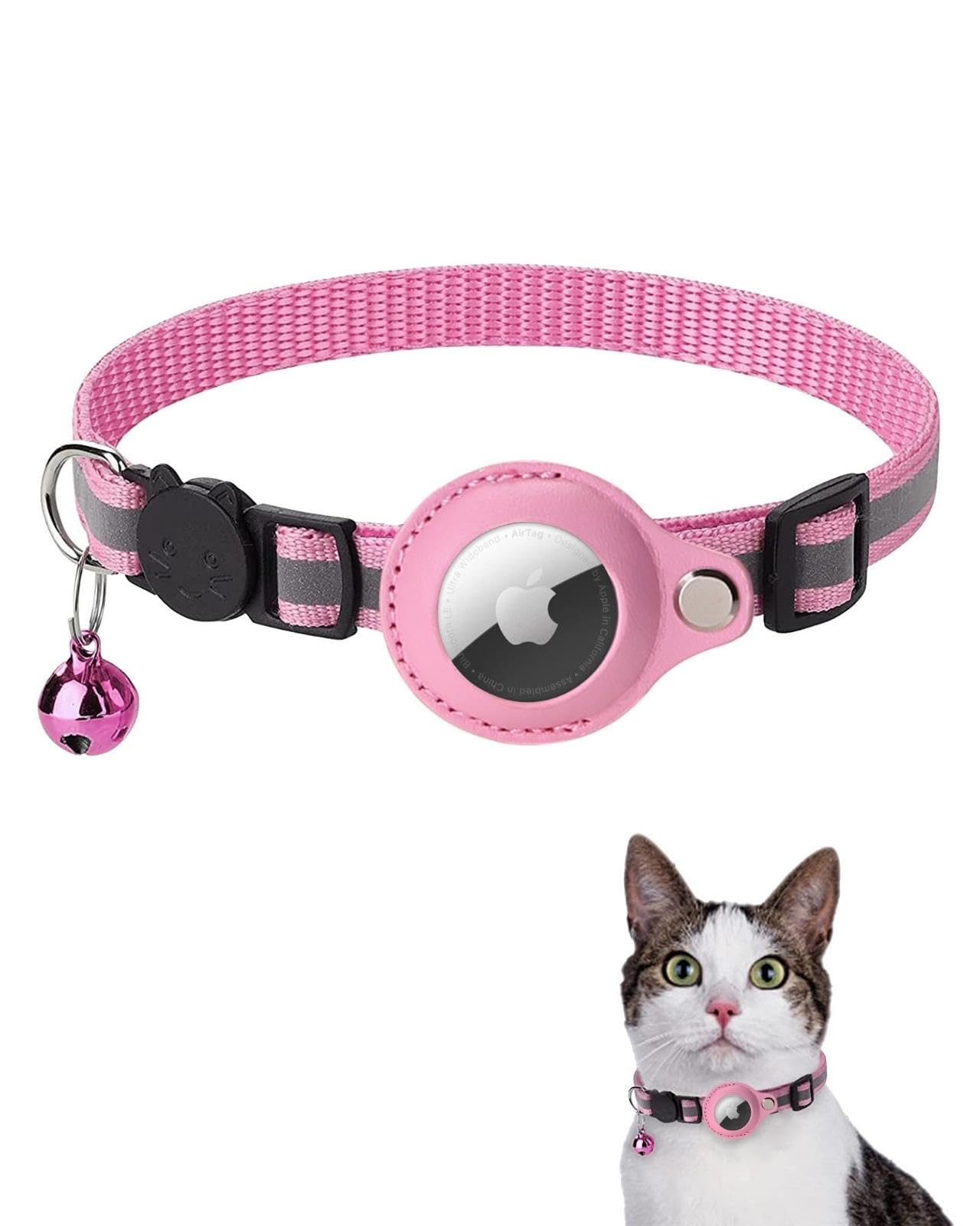 Reflective AirTag Cat Collar with Holder and Bell, Lightweight Cat Tracker with Breakaway Safety Buckle - Pink