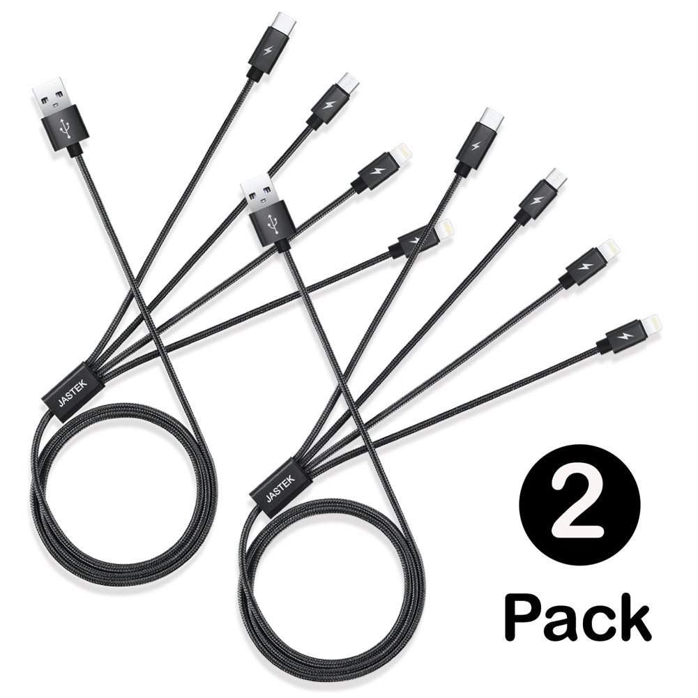 JASTEK 2Pack Charging Multi Cables, 3.3 ft (1M) 4 in 1 Braided Multiple Charging Cable Alluminum Adapter Connector with Type C, 2x 8 Pin Lighting, Micro USB for Universal Use - Black