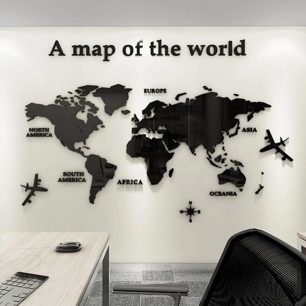 Shuanghao Wall Stickers Murals Background Poster Decoration Mirror Fashion Art Creative Acrylic 3D World Map Mundi for Office Study Living BedRooms Home Large Murals Wall Decals Stickers Black280*174