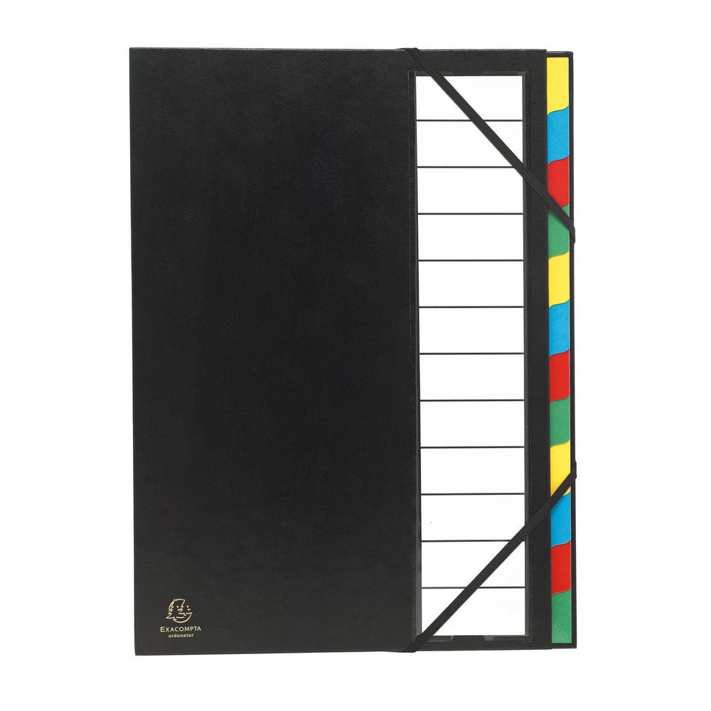 Exacompta - Ref 55341E - Harmonika Multipart File - 235 x 335mm in Size, Suitable for Storing A4 Documents, 225gsm Genuine Pressboard, Expanding Spine, 12 Sections - Black