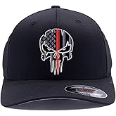 Thin Red/Blue line Distressed Skull American Flag Flex Fitted hat, Custom Embroidered, Flex Fitted Baseball Cap