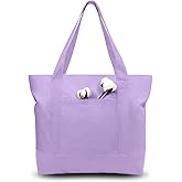TOPDesign 1-Pack Canvas Tote Bag with an External Pocket, Reusable Grocery Shopping Bag, Top Zipper Closure, Daily Essentials (Lavender)
