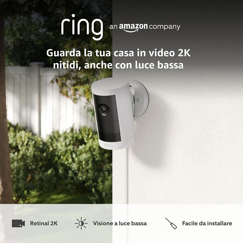 Videocamera esterna Plus plug-in (Outdoor Camera Plus Ultimo modello) Video 2K grandangolare Videocamera di sicurezza wireless fai-da-te | Prova gratuita di 30 giorni piano d'abbonamento Ring