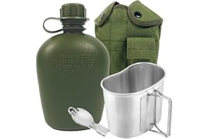 BeGrit Military Canteen Army Canteen WWII US G.I. Style Canteen Kit with Aluminum Cup Stainless Steel Foldable Spoon Fork for Hiking Backpacking Camping, 1 Quart Green