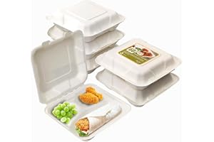 AHKUNMT 8X8 60 Pack Clamshell Take Out Food Containers, 3 Compartment To Go Containers with Lids,Disposable Compostable To Go Boxes Heavy-Duty Biodegradable (8 * 8 in, 3-Compartment,60Pack)