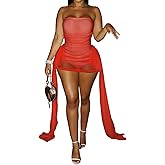 Elainone Mini Dresses for Women Mesh Sheer Dress Tube Off Shoulder with Ribbon Bodysuit Club Party Night Rave Festival