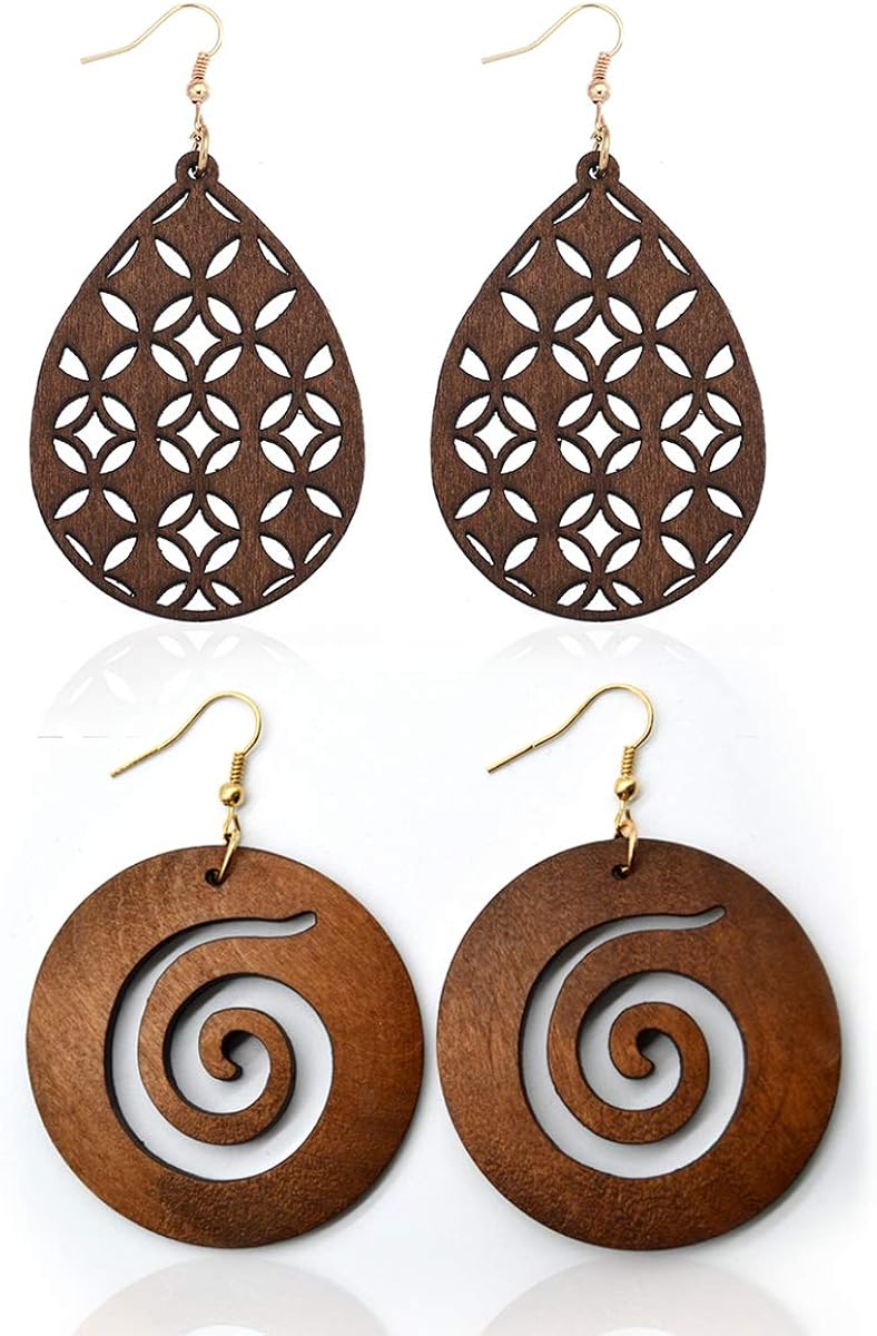 2 Pairs Lightweight Bohemian Wooden Hoop Earrings for Women African