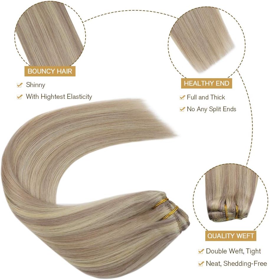 Ugeat Hair Extensions Clip ins Blonde Highlights Clip in Hair Extensions Real Human Hair Ash Blonde Highlights Bleach Blonde Human Hair Clip in Extensions Full Head 14 Inch 105g 7pcs - Image 4