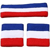 BEAMARKER Striped Sweatbands Set 1 Headband and 2 Wristbands Moisture Wicking Sweat Absorbing Elastic Cotton for Sports Basketball Tennis Yoga Gym Breathable Athletic Gear for Men Women Red White Blue