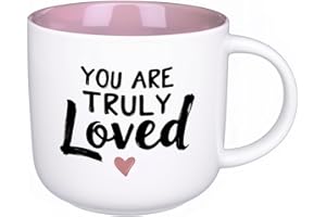 ONRRI 13.5 Oz Ceramic Coffee Mug With Pink Interior, You Are Truly Loved Quote, Double Side Printed, Microwave Safe, Gift Cup