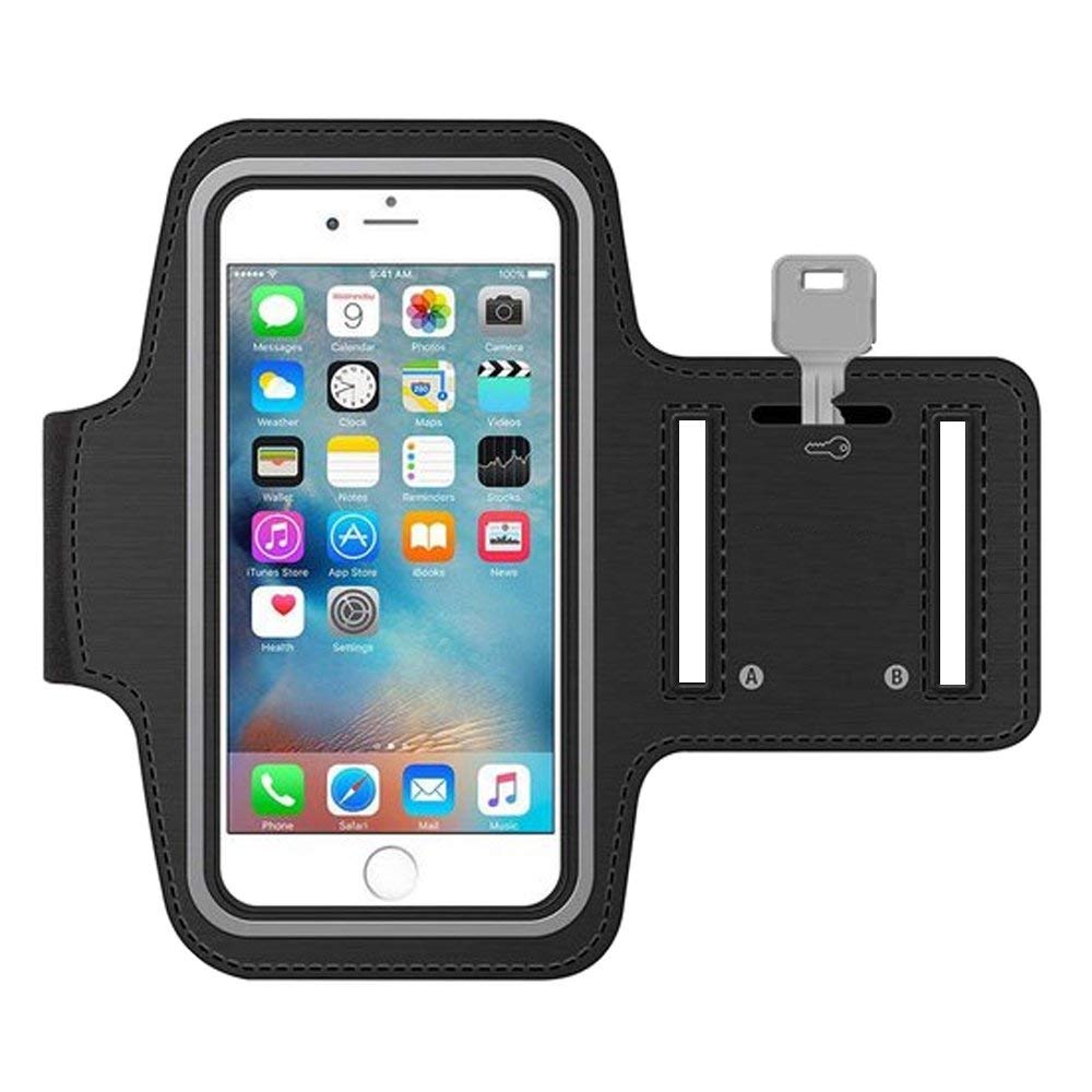 MMOBIEL Sports Armband Compatible with iPhone 16/15/14/13/12/11/X/XR/XS/8(+)/7(+) Samsung S25/S24/S23/S22/S21/S20/S10(+)/Note 10 (Black) 6.2 Inch Neoprene WaterProof and Elastic Reflective Strips