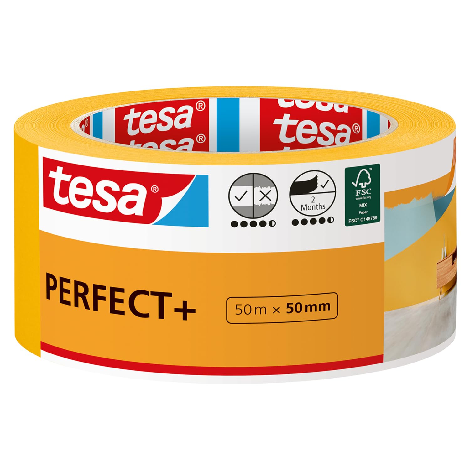 tesa Masking Tape PerfectPlus - Painter's Tape Made of Thin Washi Paper for Precise Masking During Painting Work - for Indoor use - 50 m x 50 mm
