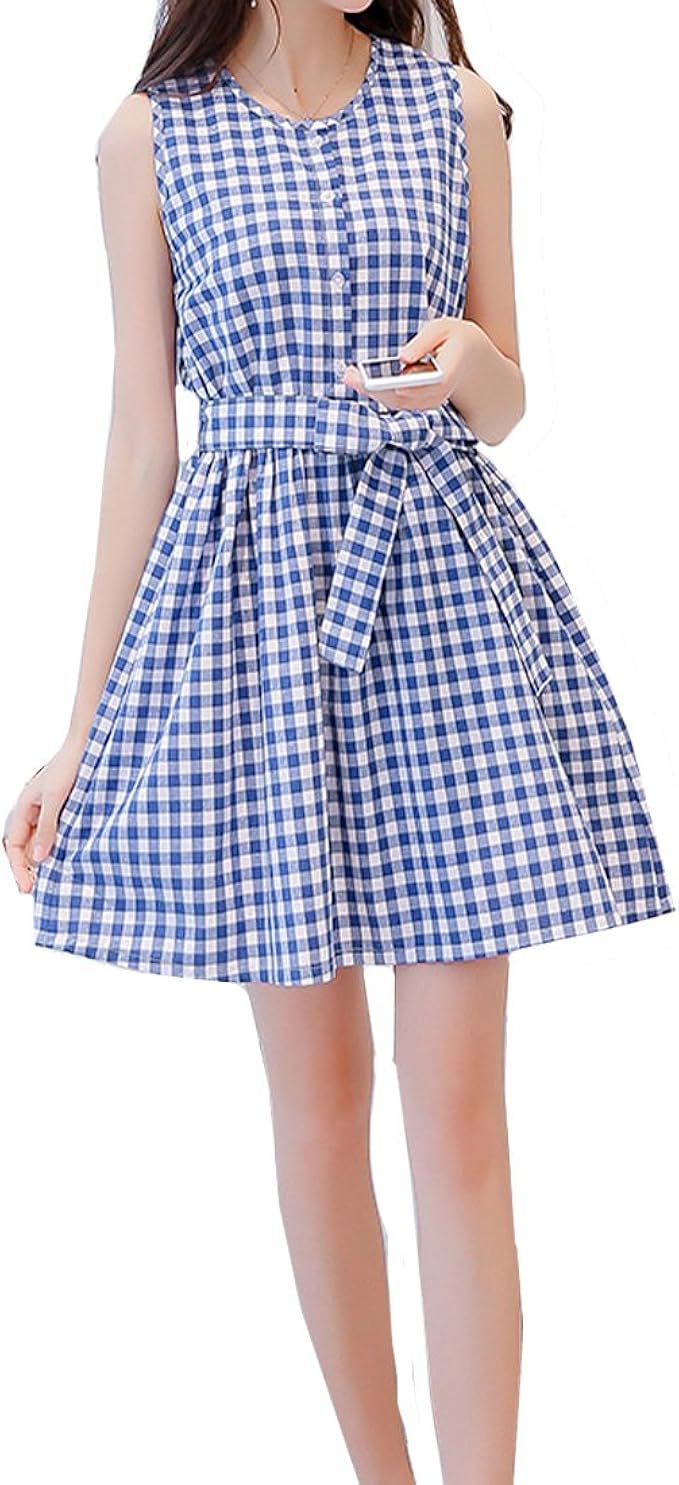 Amazon Co Jp ワンピース ノースリーブ ミニ丈 ギンガムチェック リボン 青 白 可愛い おしゃれ 全1色 服 ファッション小物
