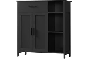 FIONESO Storage Cabinet, Floor Cabinet Wooden Storage Organizer, Coffee Bar Cabinet with 2 Doors and 3 Shelves, Cupboard for Entryway/Living Room/Bathroom, Black
