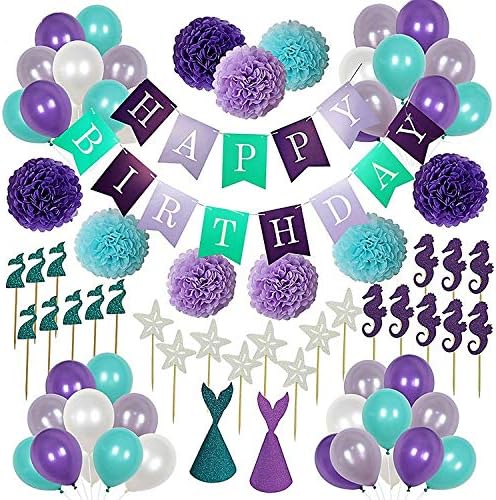 Mermaid Party Supplies| 127 Pack | BONUS 50 Pack of Straws| BONUS Blue Foil Curtain| 40 Balloons| 24 Cupcake Toppers| 9 Pom Poms| Birthday Banner|