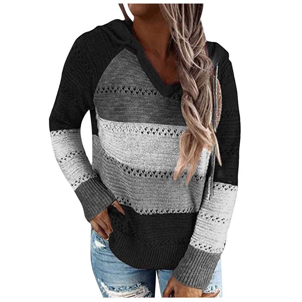Fudule Women's Pullover Sweaters,Lightweight V Neck Pullover Color Block Hoodie Striped Hollow Out Sweater Knit Blouse