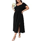 SCOMCHIC Women Plus Size Dresses Short Sleeve Sweetheart Neckline Wedding Guest Cocktail Smocked A Line Slit Maxi Dress