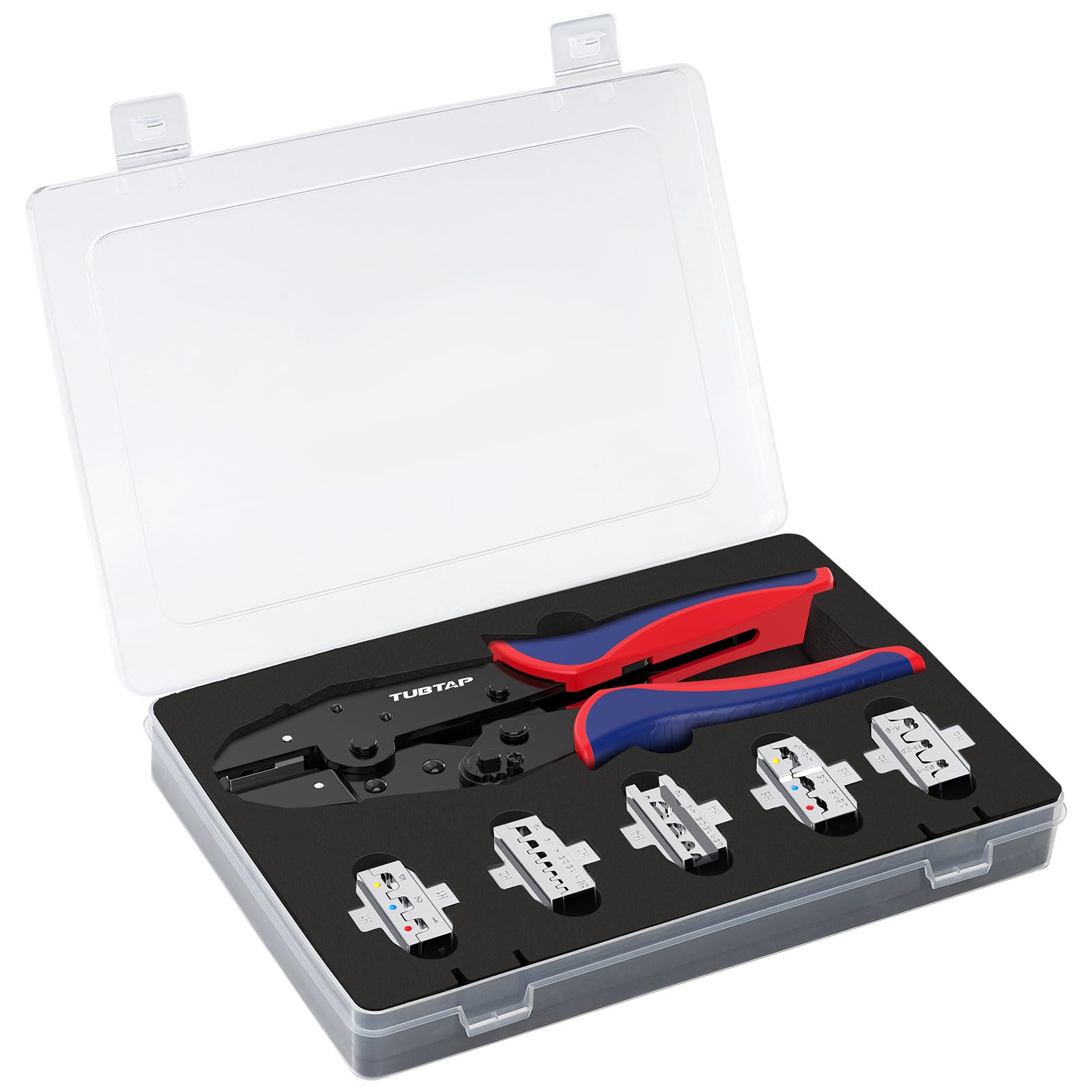 5-teiliges Crimpzange Set - TUBTAP® Crimpzange für isolierte & nicht isolierte Kabelschuhe, Schrumpfschläuche, Aderendhülsen – Krimperzange, Aderendhülsenzange - mit Wechselbacken 6